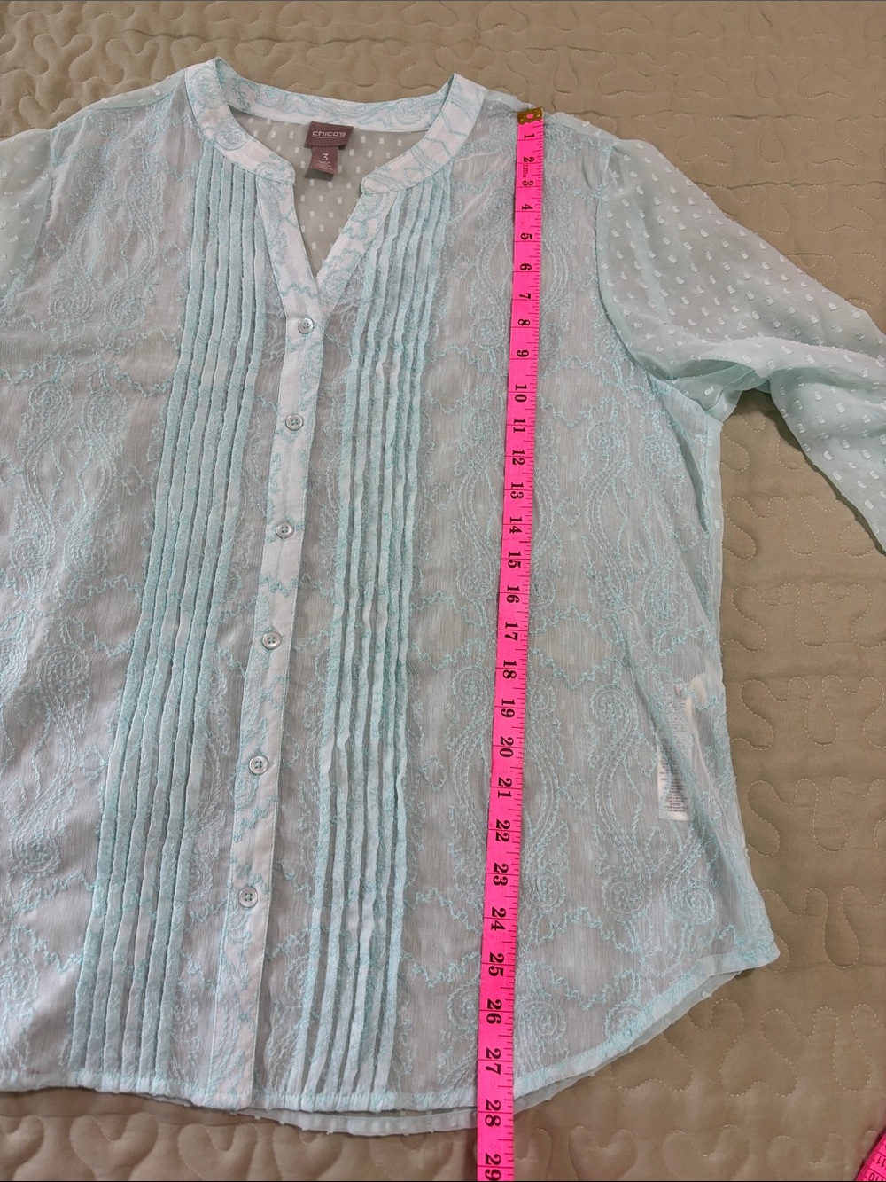Chico's Mint Blue Aqua Pintuck  Sheer Blouse Embroidery Swiss Dot Size 3 (XL/16) - Picture 9 of 14